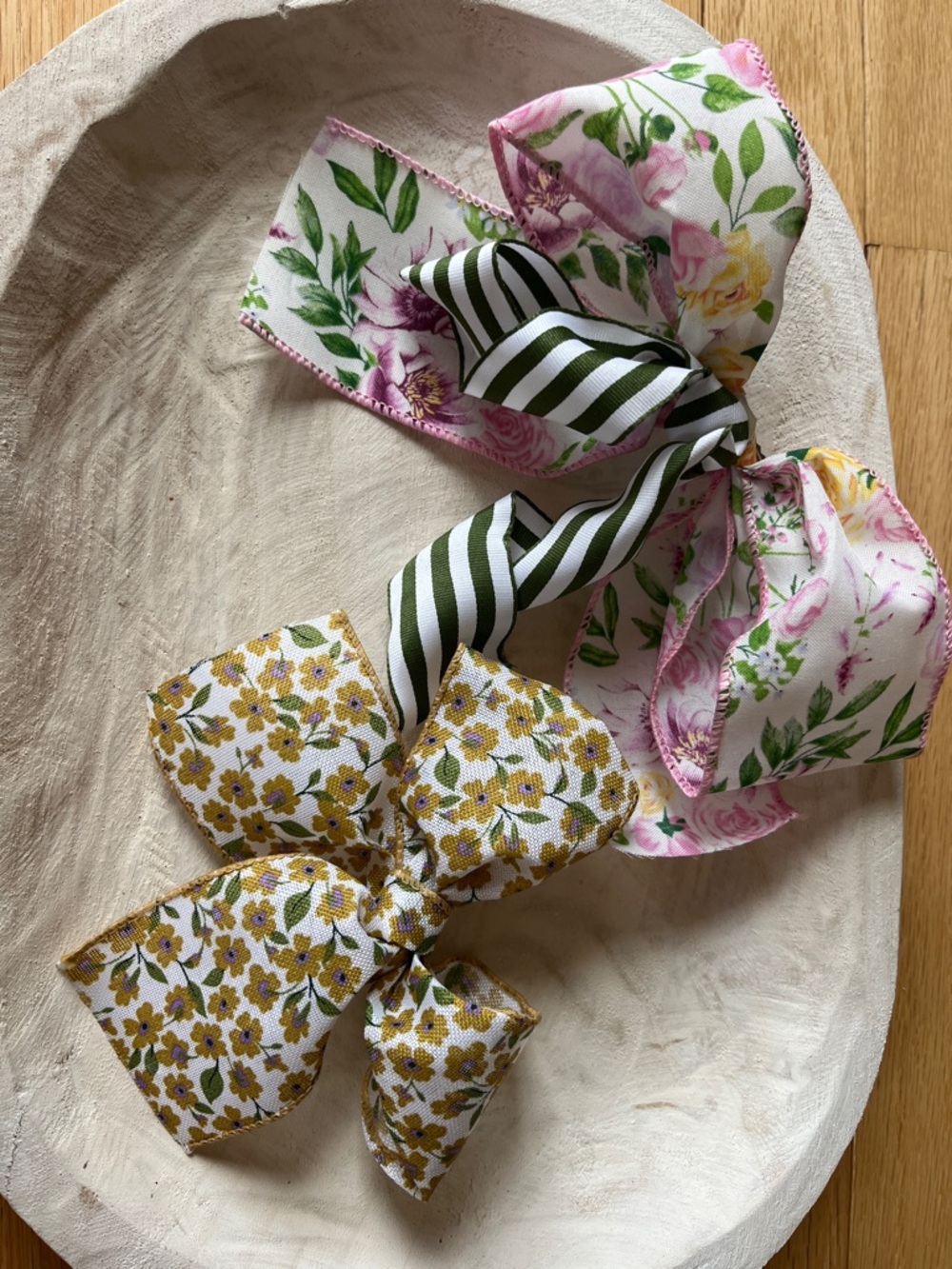 Handmade Floral & Striped Kids Hair Bow Set - Pink, Yellow, Green (pack of 2)
